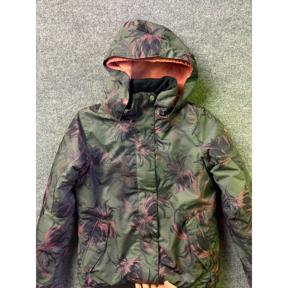 Roxy Snow Jacket Girls Size 12 Green Pink Tropical Palm Print Insulated Ski Coat